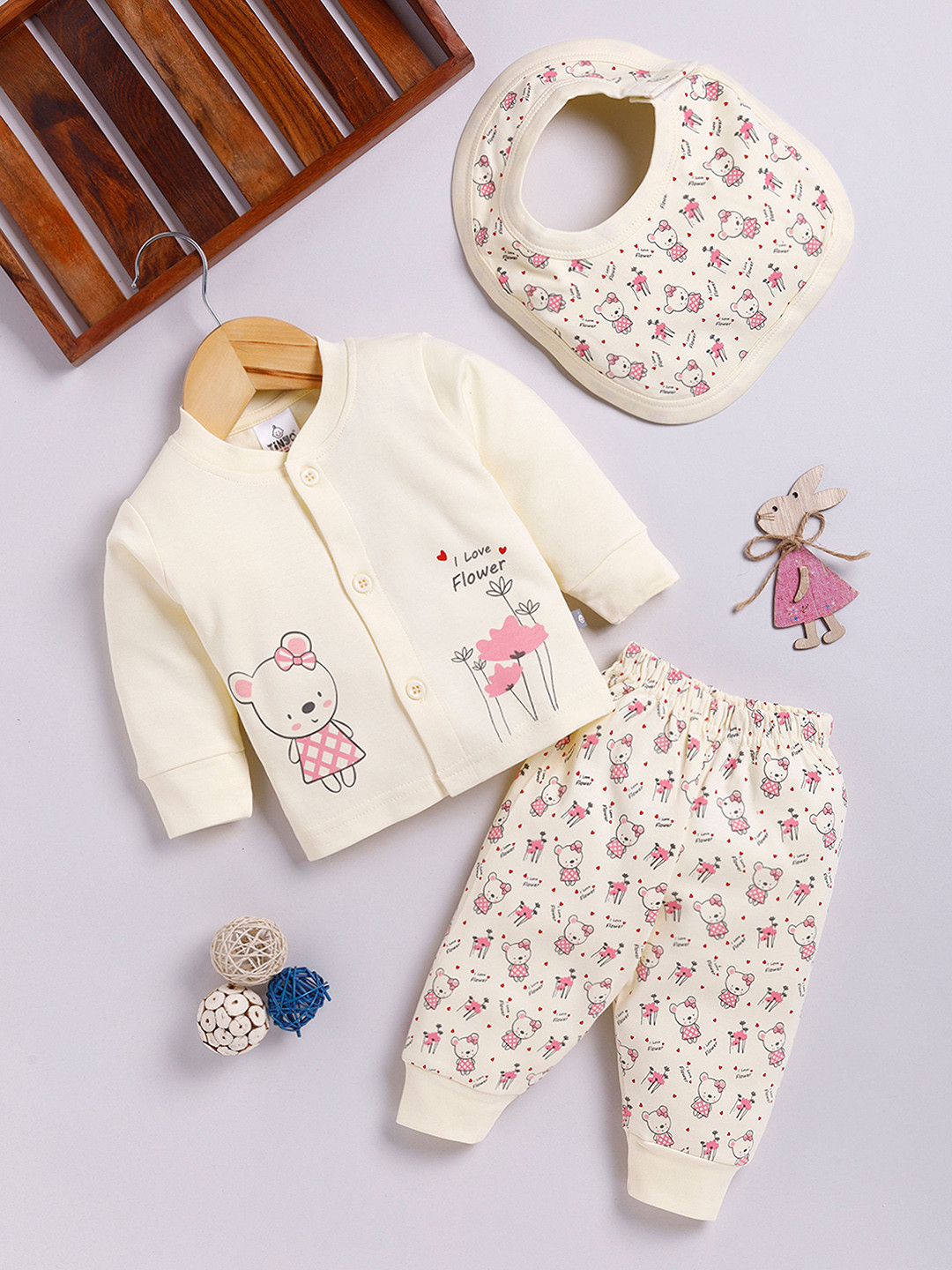 

YK X Tinyo Infant Girls Pure Cotton Printed Jabla with Joggers & Bib, Cream
