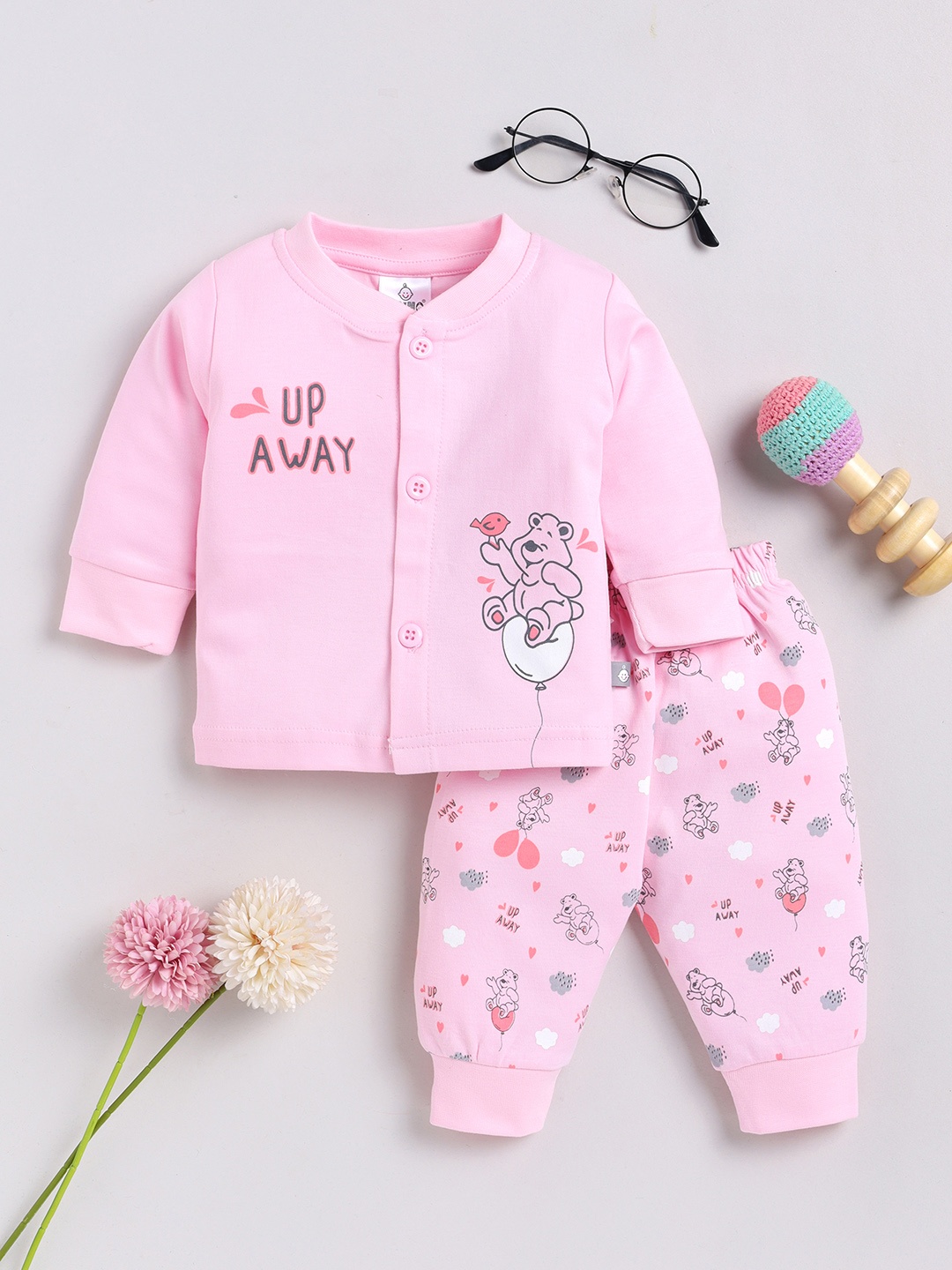 YK X Tinyo Infant Boys Pure Cotton Printed Jabla with Joggers, Pink