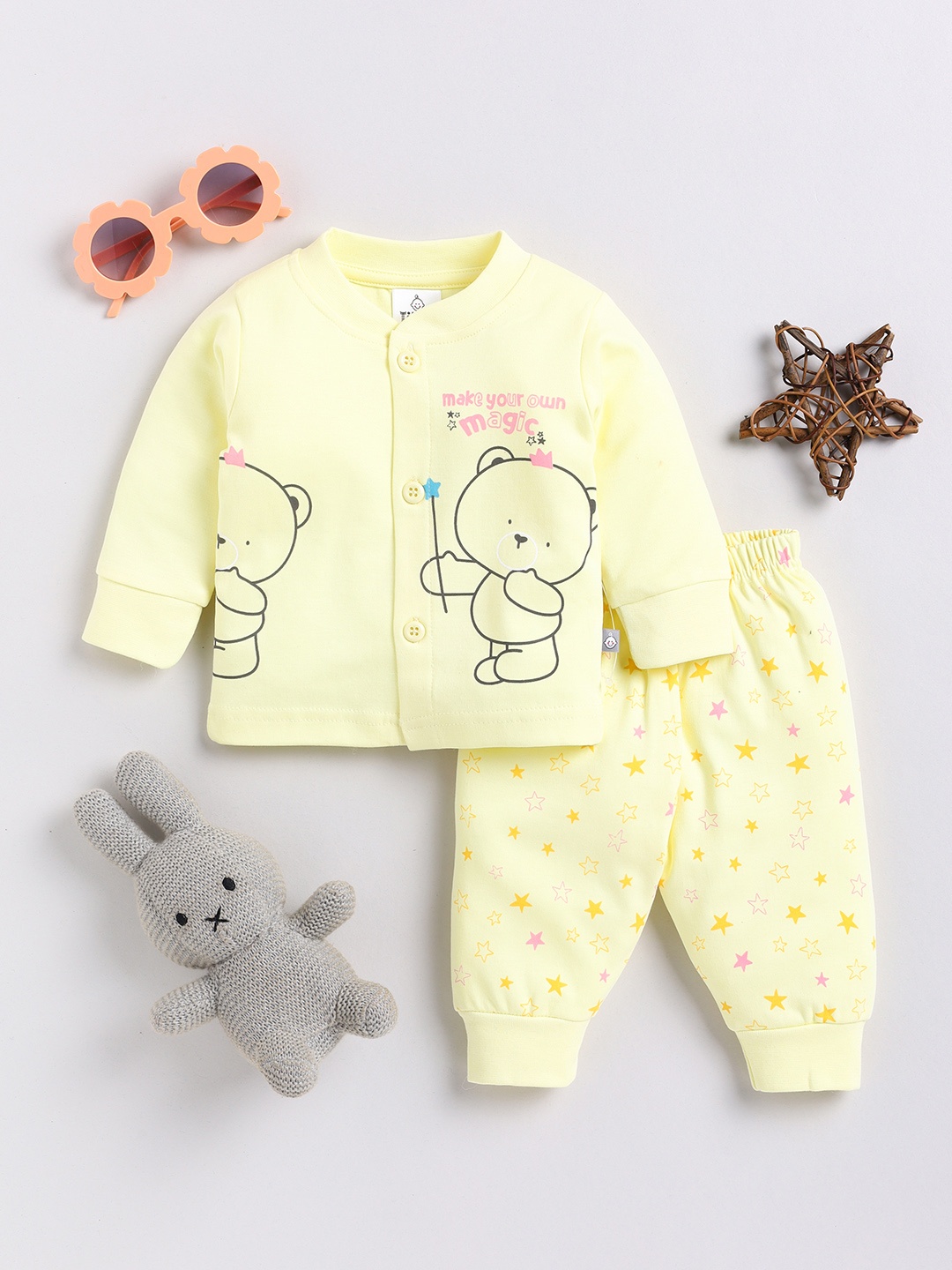 YK X Tinyo Infant Boys Printed Pure Cotton Shirt with Joggers, Yellow