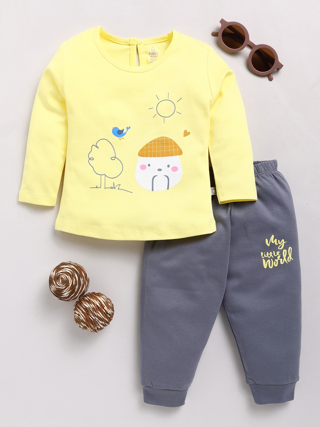 

YK X Tinyo Infant Girls Printed Pure Cotton T-shirt with Joggers, Yellow