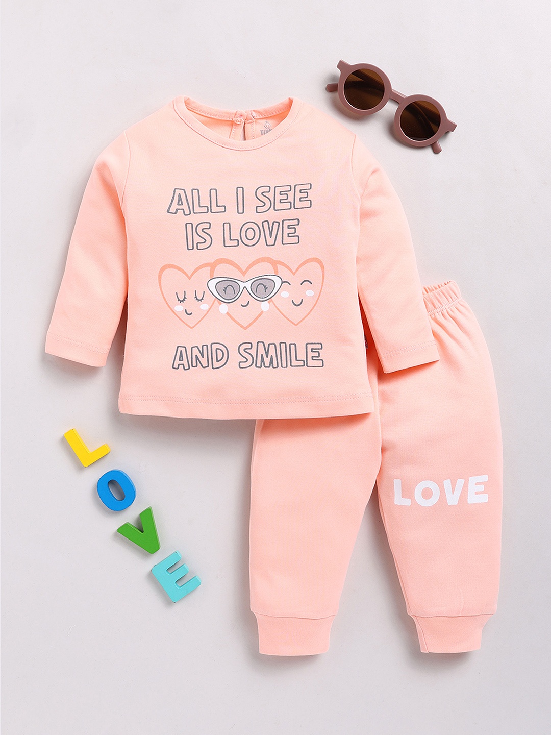 

YK X Tinyo Infant Girls Printed Pure Cotton T-shirt with Joggers, Peach