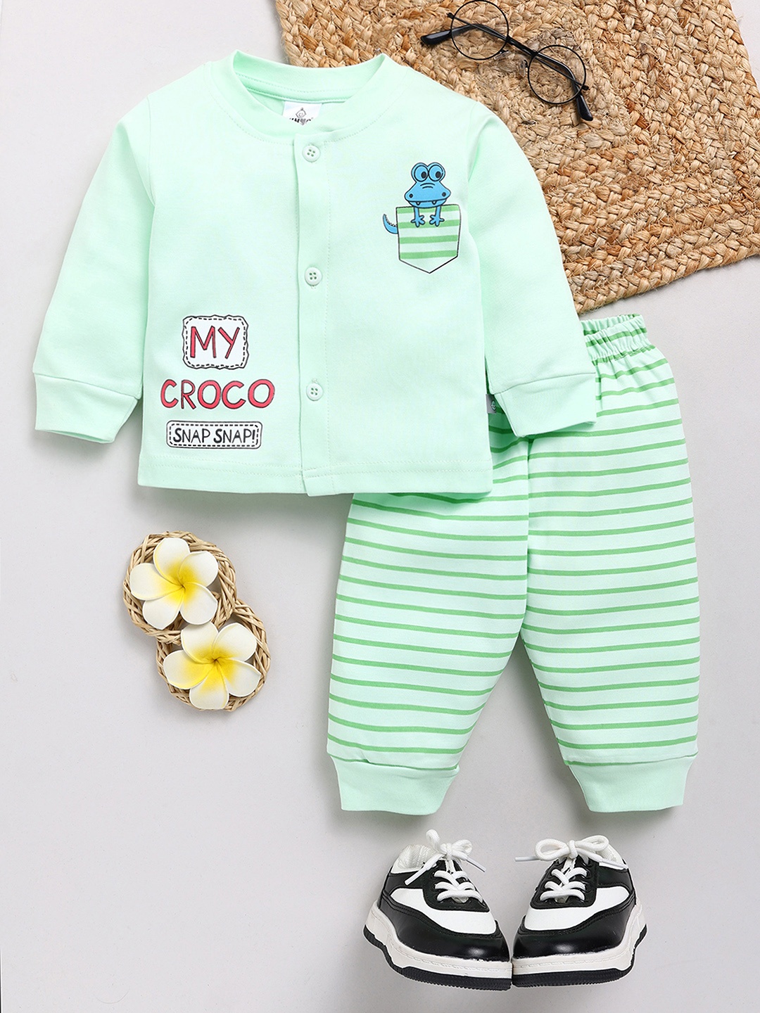 

YK X Tinyo Infant Boys Pure Cotton Printed Jabla with Striped Joggers, Green
