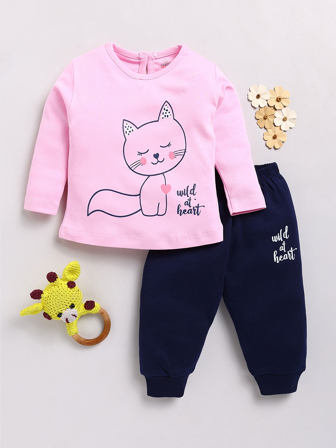 YK X Tinyo Infant Girls Pure Cotton Printed Top with Joggers, Pink