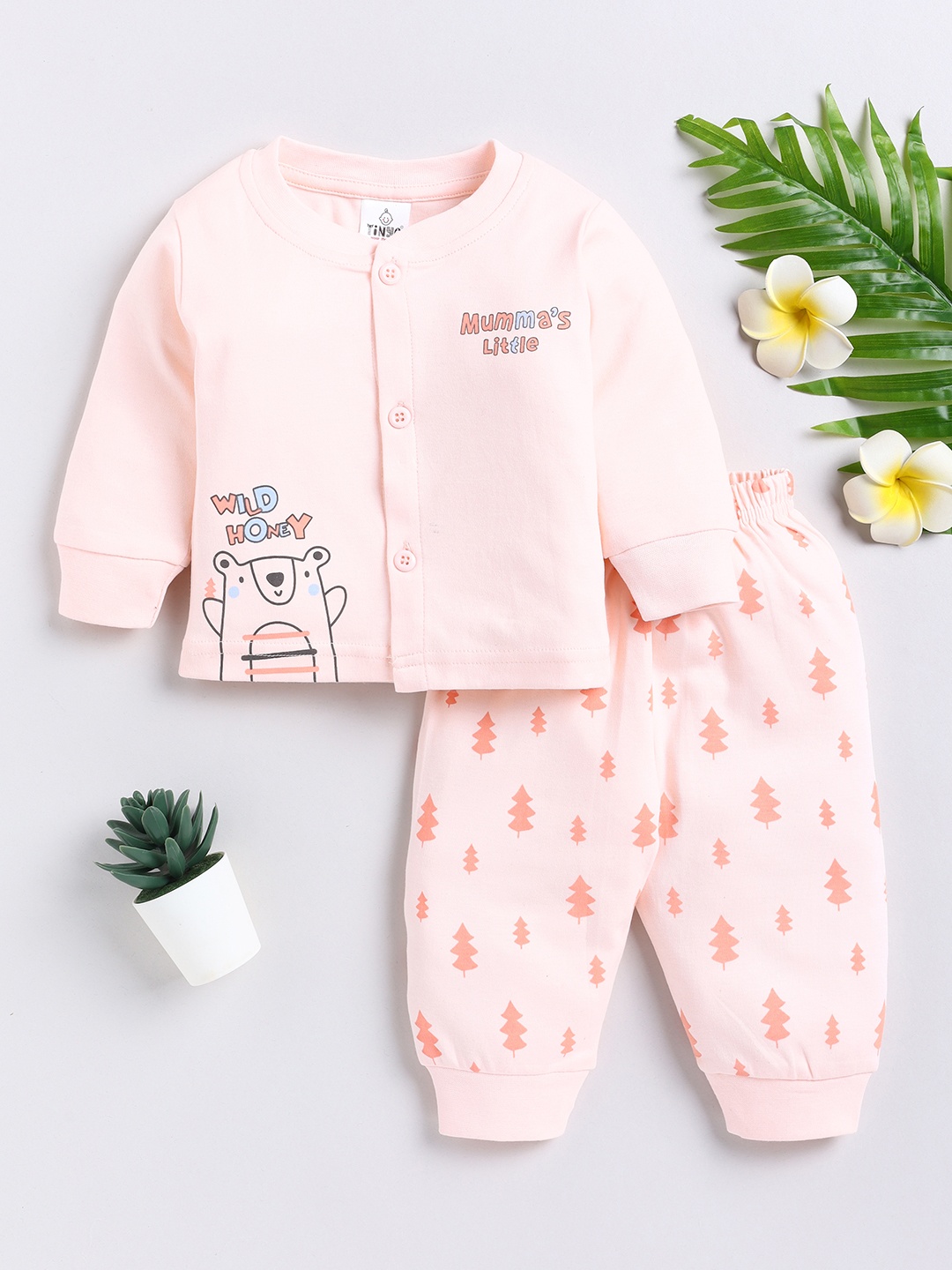 

YK X Tinyo Infant Boys Pure Cotton Printed Jabla with Joggers, Peach
