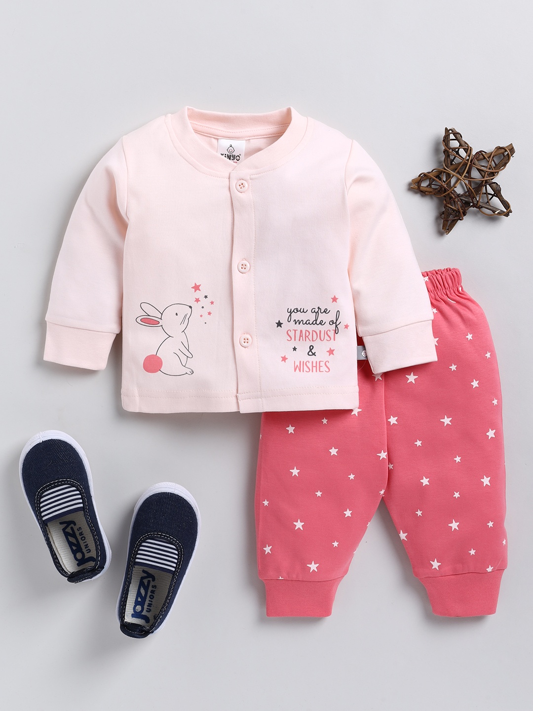 

YK X Tinyo Infant Girls Printed Pure Cotton Shirt with Joggers, Peach