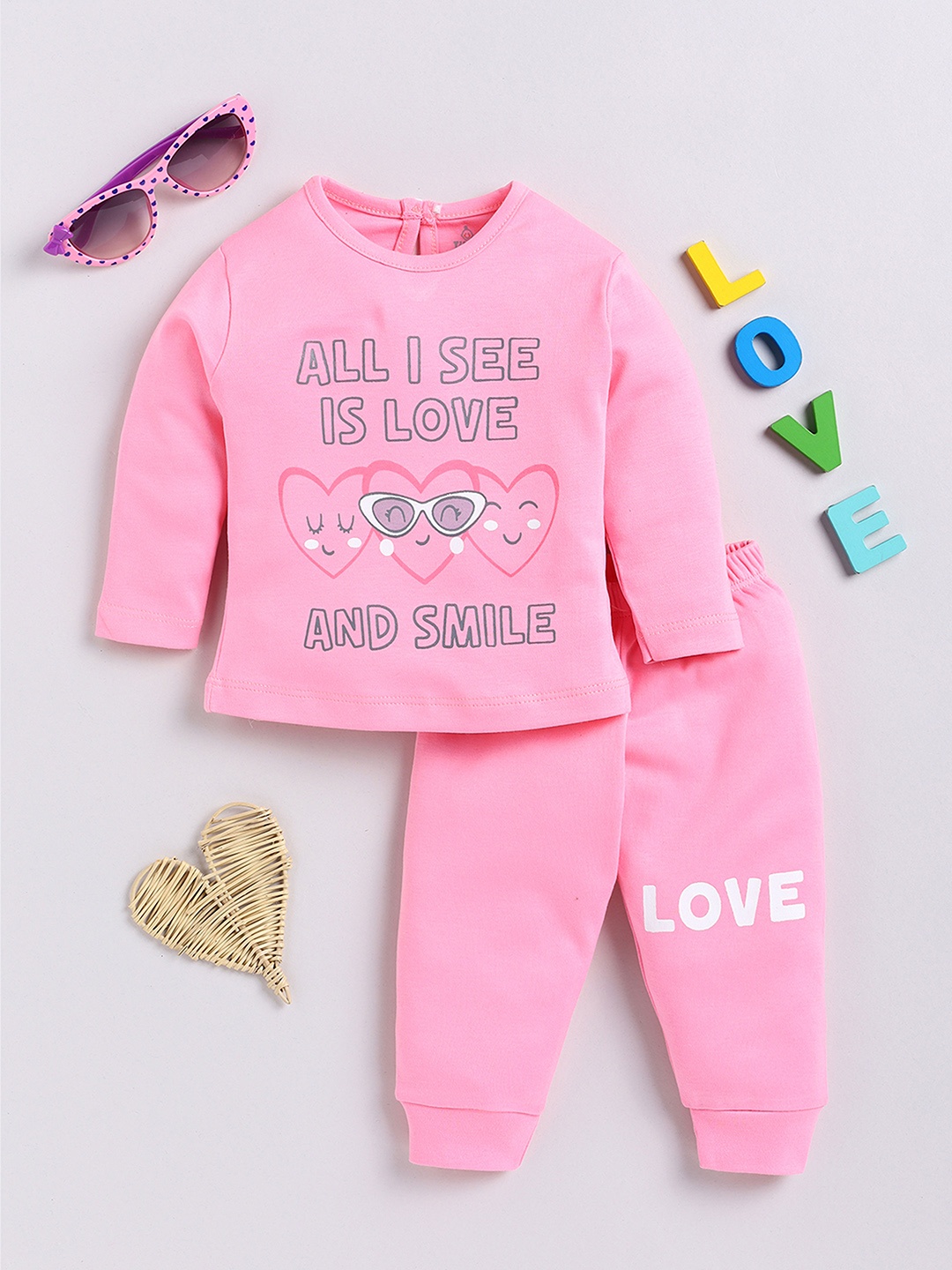 

YK X Tinyo Infant Girls Pure Cotton Printed Top with Joggers, Pink