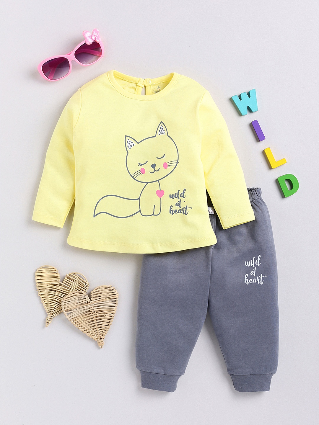 

YK X Tinyo Infant Girls Pure Cotton Printed T-shirt with Joggers, Yellow