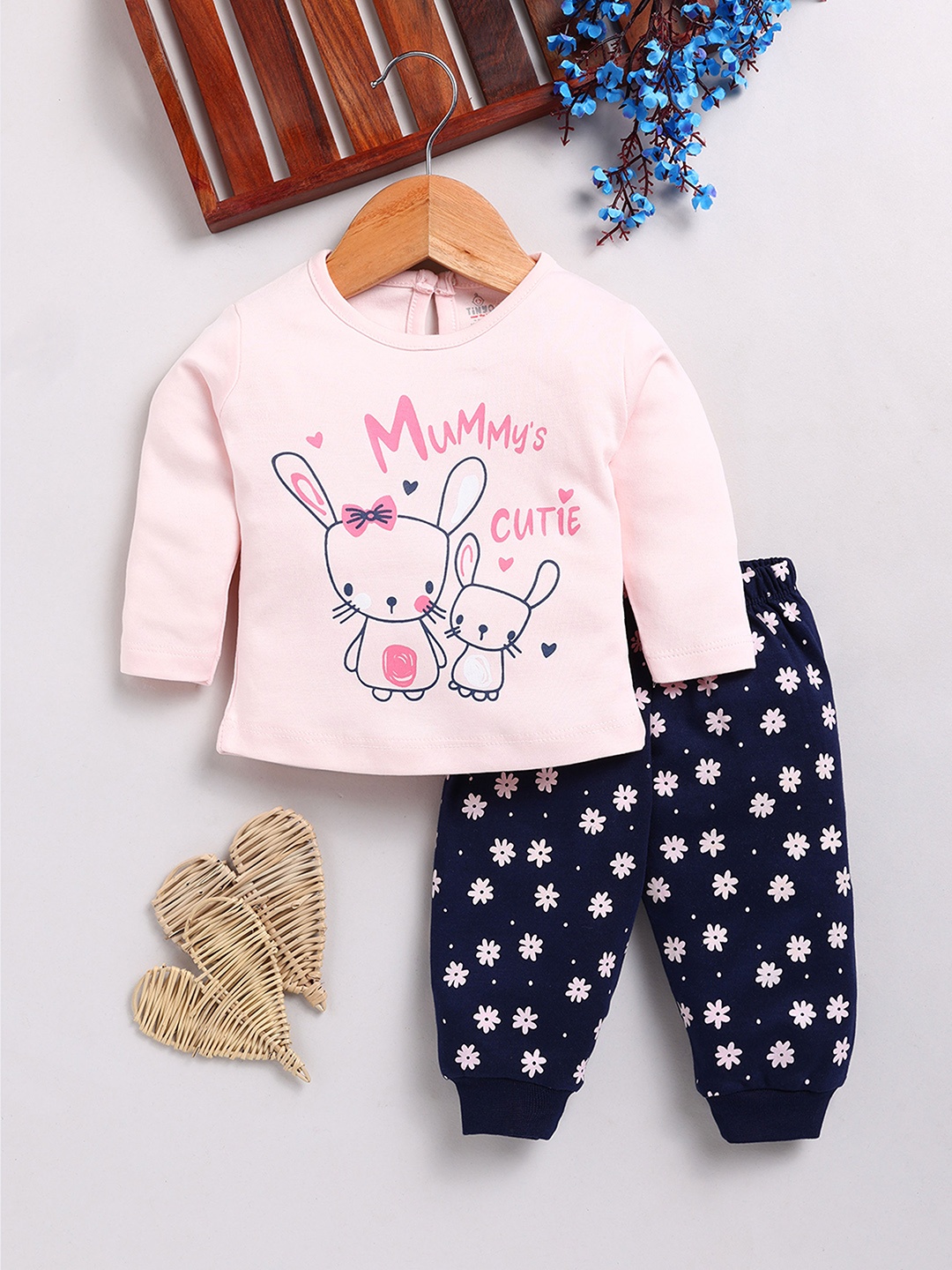 

YK X Tinyo Infant Girls Printed Pure Cotton T-shirt with Joggers, Pink