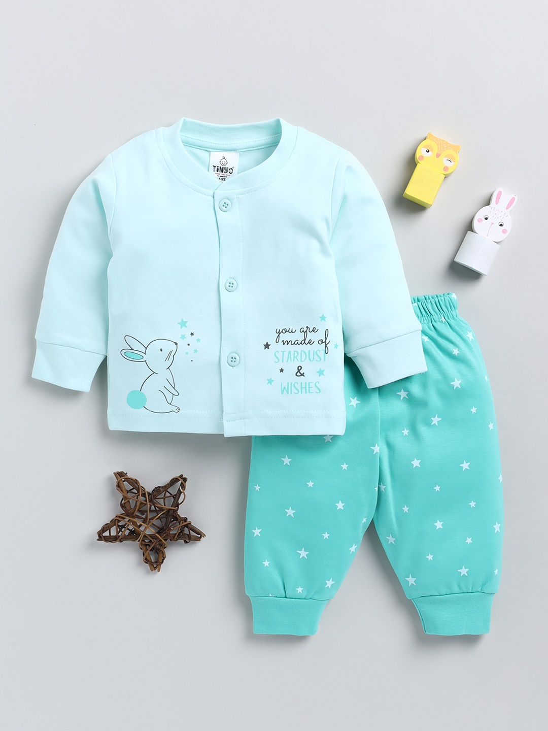 

YK X Tinyo Infant Girls Printed Pure Cotton Shirt with Joggers, Sea green