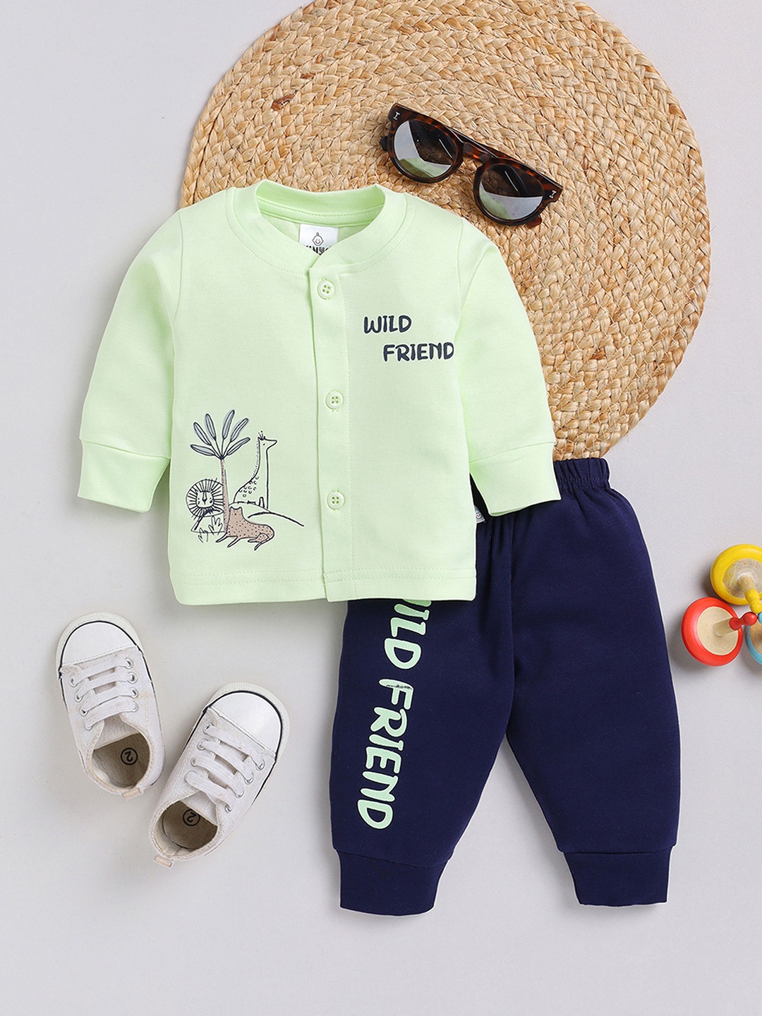 

YK X Tinyo Infant Boys Printed Pure Cotton Jhabla with Joggers, Green