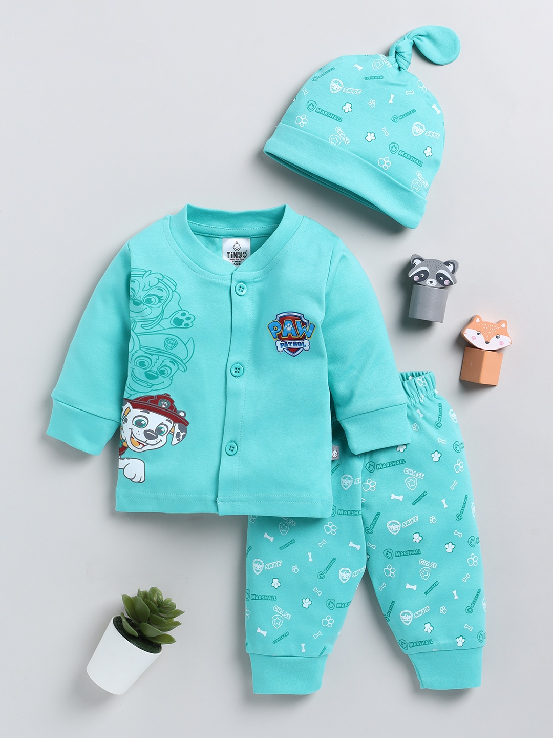 YK X Tinyo Infant Boys Paw Patrol Printed Pure Cotton Jhabla with Joggers & Beanie, Green