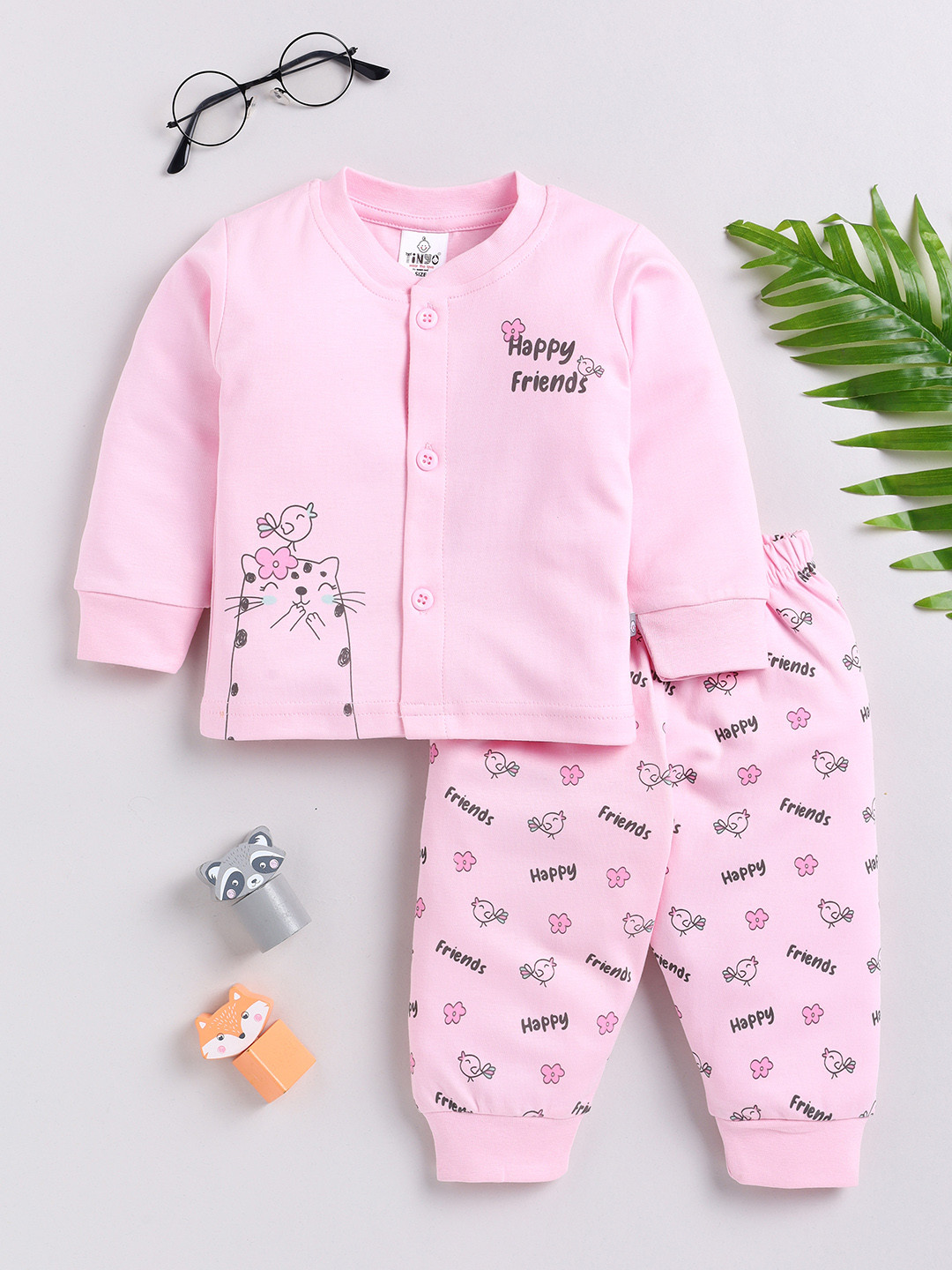 

YK X Tinyo Infant Girls Printed Pure Cotton Shirt with Joggers, Pink