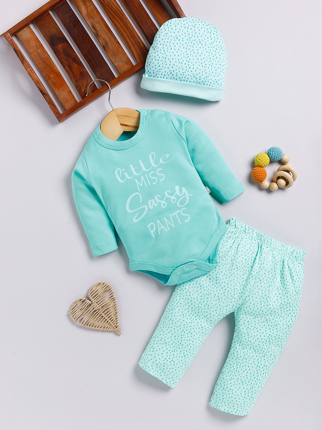 

YK X Tinyo Infant Girls Printed Pure Cotton Bodysuit with Trousers & Beanie, Green