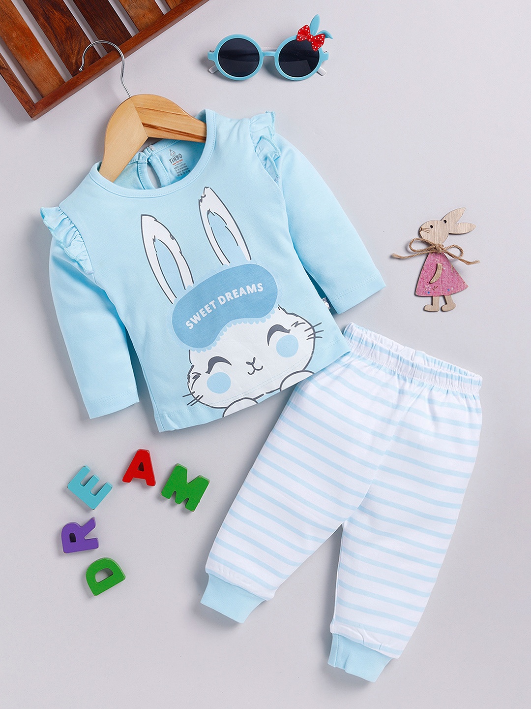 

YK X Tinyo Infant Girls Printed Pure Cotton Top with Joggers, Blue