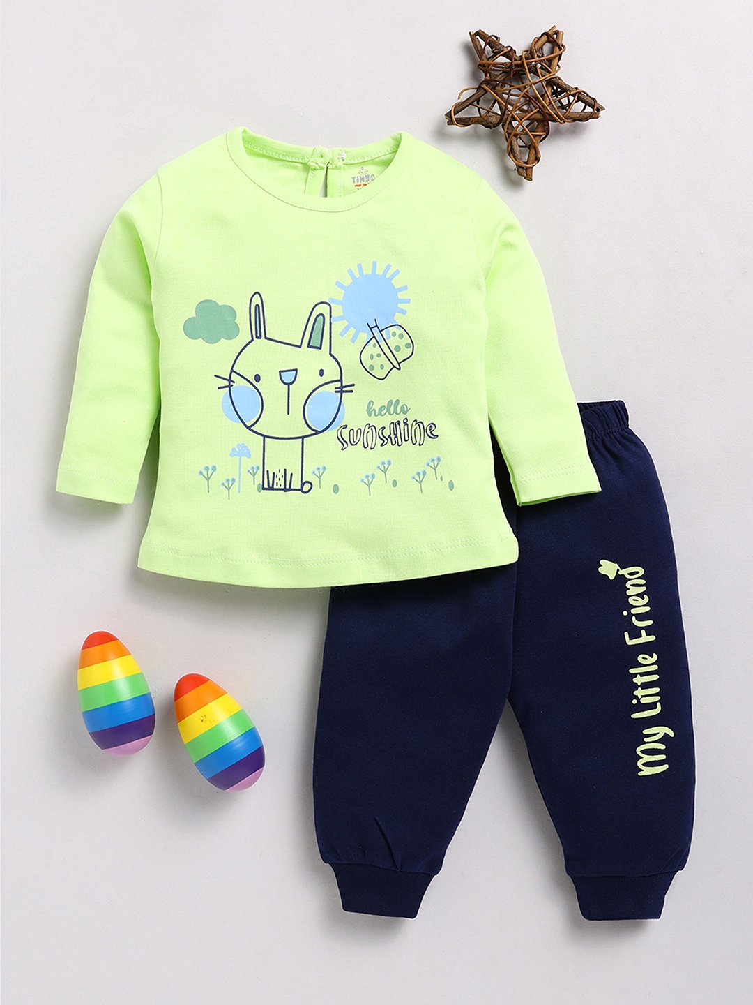 

YK X Tinyo Infant Girls Printed Pure Cotton T-shirt with Joggers, Green