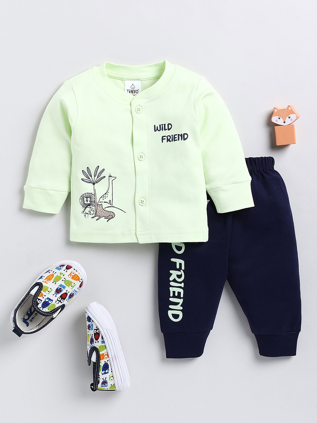 

YK X Tinyo Infant Boys Pure Cotton Printed Jabla with Joggers, Green