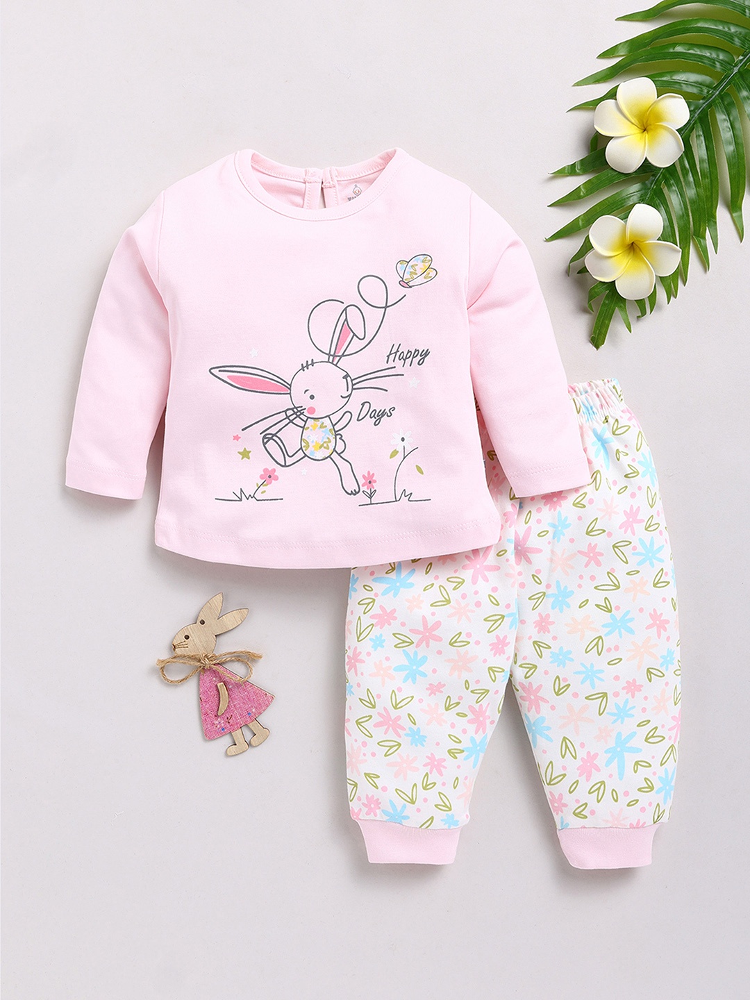 YK X Tinyo Infant Girls Printed Pure Cotton T-shirt with Joggers, Pink