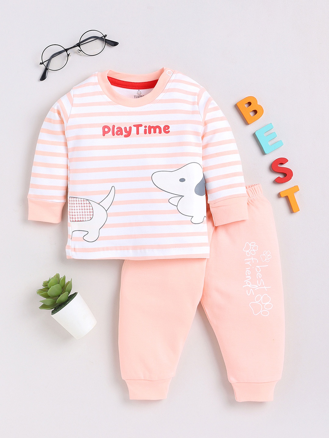 

YK X Tinyo Infant Boys Pure Cotton Printed T-shirt with Joggers, Peach