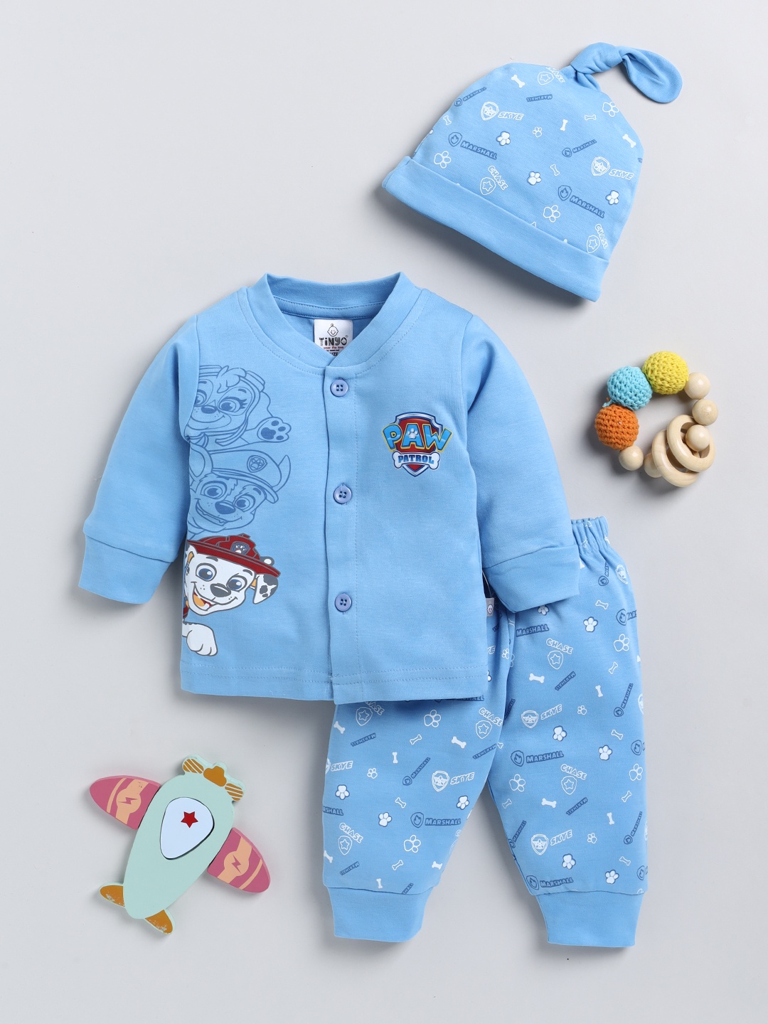 

YK X Tinyo Infant Boys Pure Cotton Paw Patrol Printed Jabla with Joggers & Cap, Blue