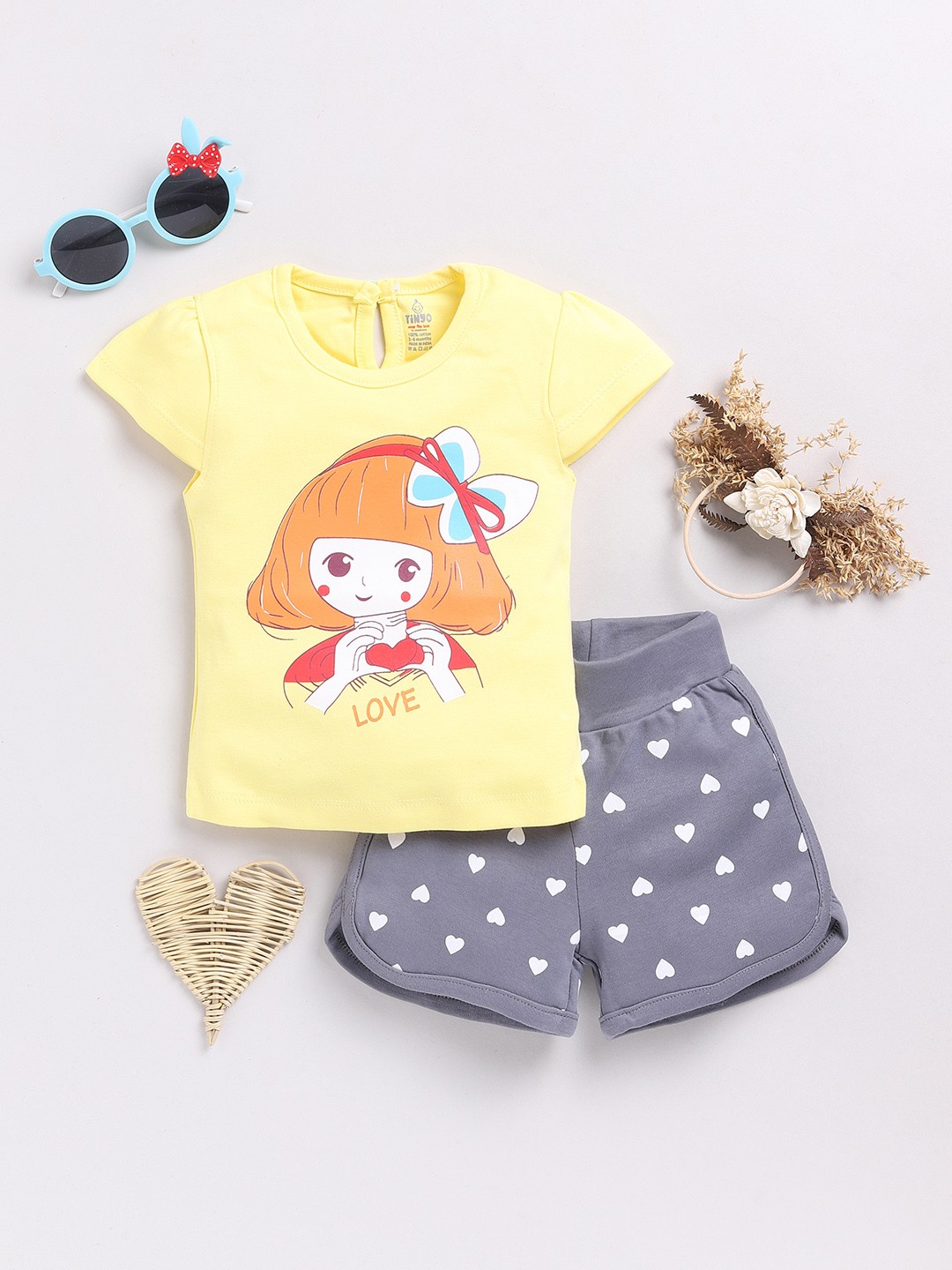 

YK X Tinyo Infant Girls Printed Pure Cotton T-shirt with Shorts, Yellow