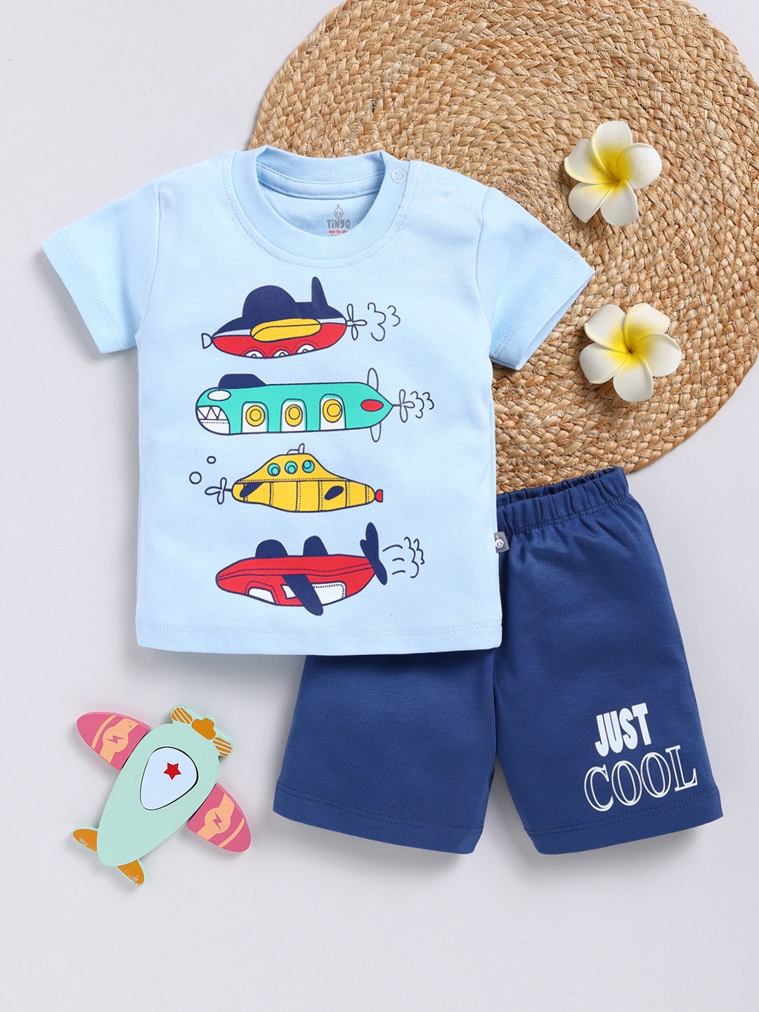 YK X Tinyo Infant Boys Printed Pure Cotton T-shirt with Shorts, Blue