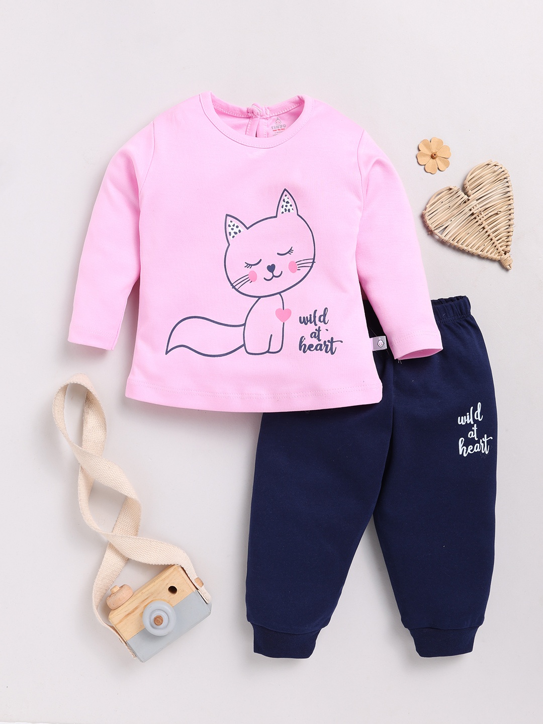 

YK X Tinyo Infant Girls Printed Pure Cotton T-shirt with Joggers, Pink