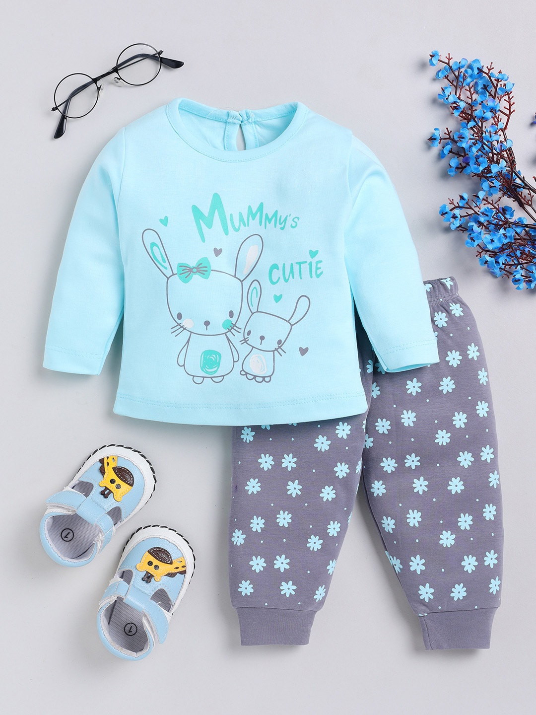 

YK X Tinyo Infant Girls Pure Cotton Printed Top with Joggers, Blue