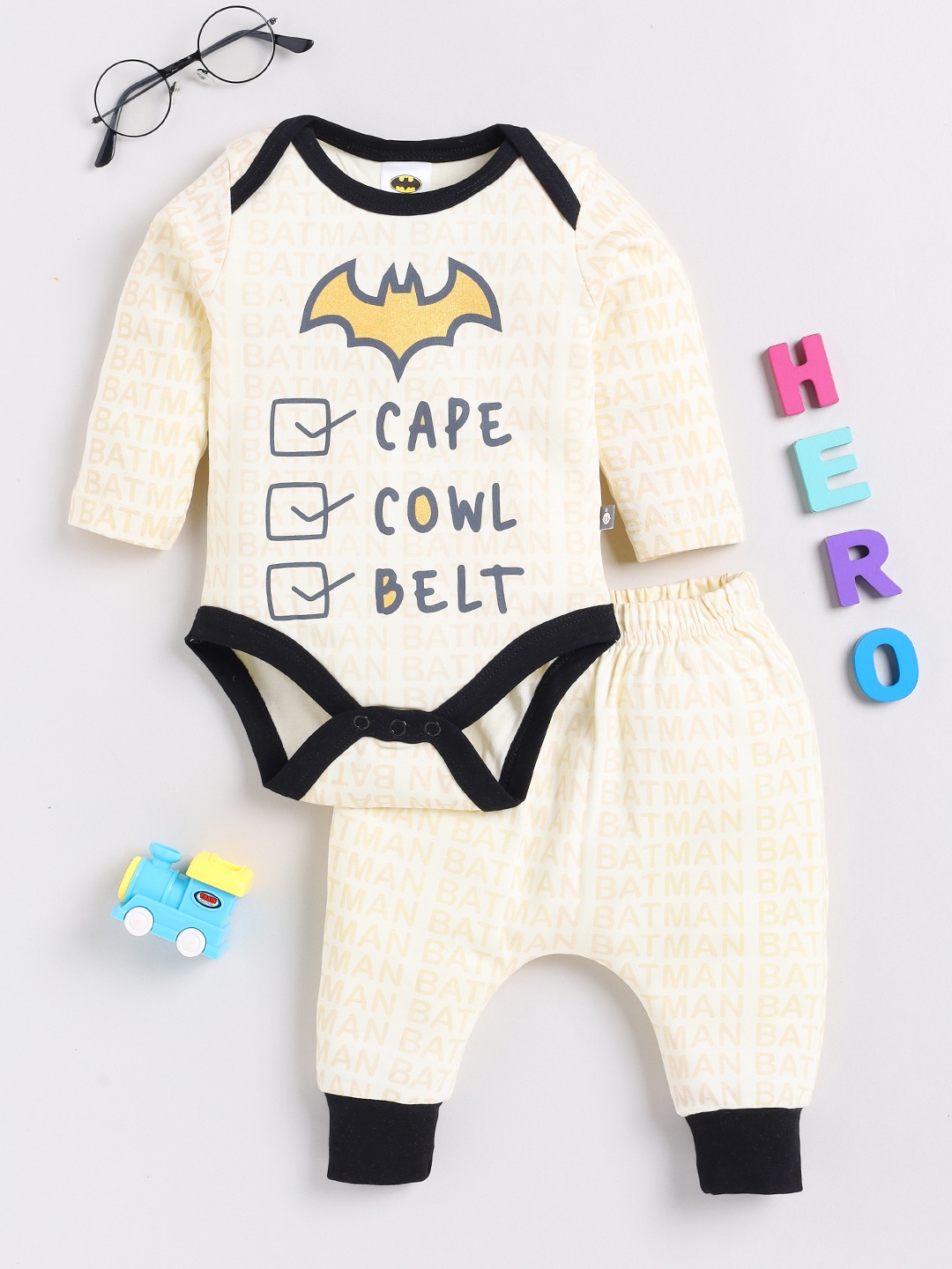 

YK X Tinyo Infant Boys Batman Printed Bodysuit with Joggers, Off white