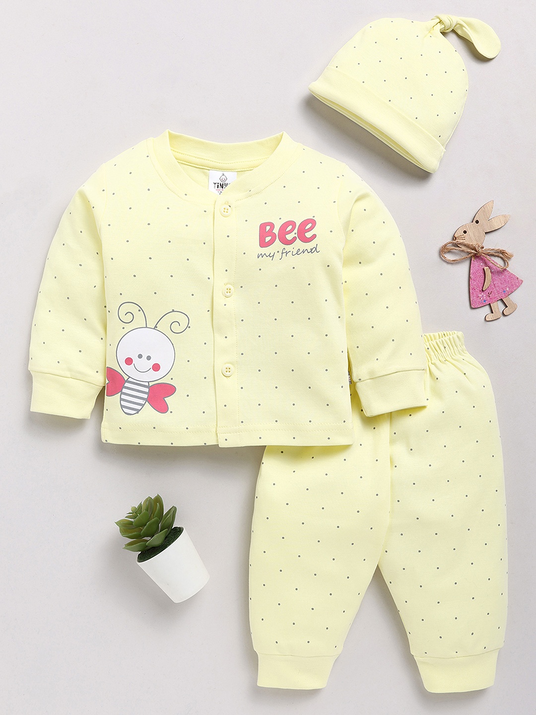 

YK X Tinyo Infant Girls Printed Pure Cotton Shirt with Joggers & Beanie, Yellow