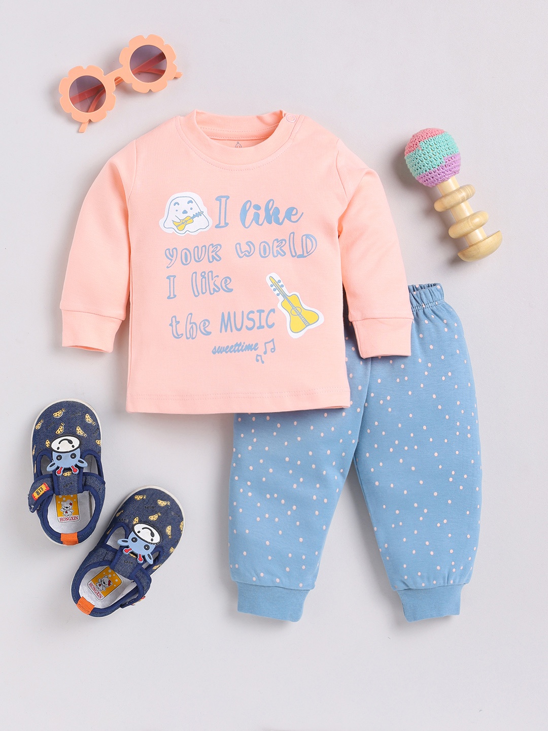 

YK X Tinyo Infant Boys Pure Cotton Printed T-shirt with Joggers, Peach