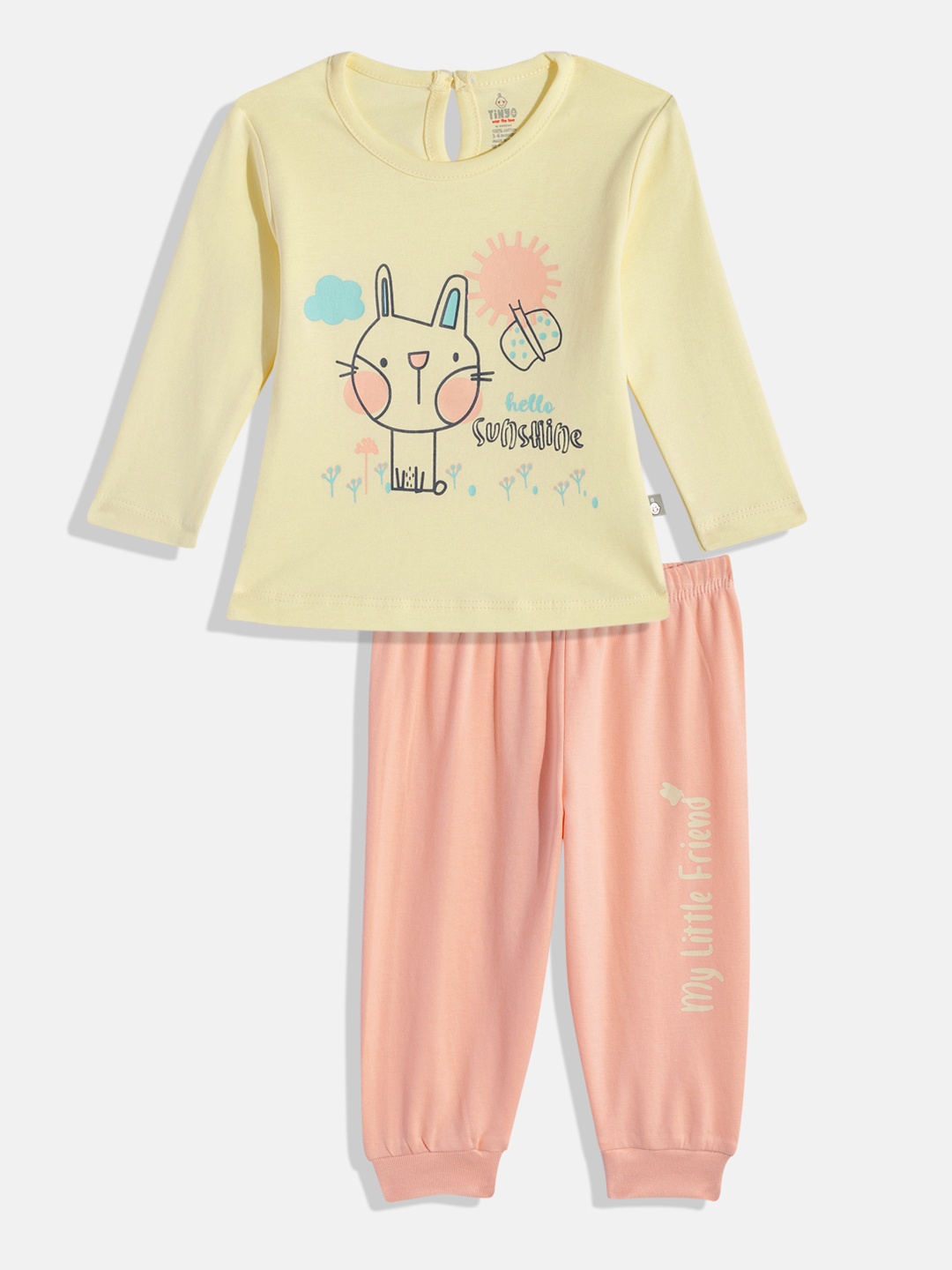 

YK X Tinyo Infant Girls Pure Cotton Printed T-shirt with Joggers, Cream