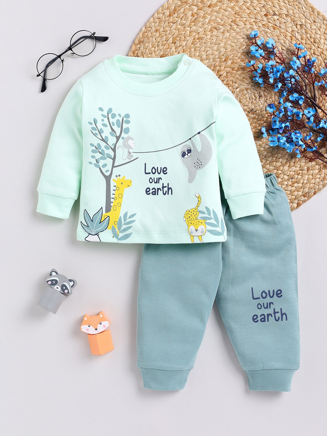 YK X Tinyo Infant Boys Pure Cotton Printed T-shirt with Joggers, Green