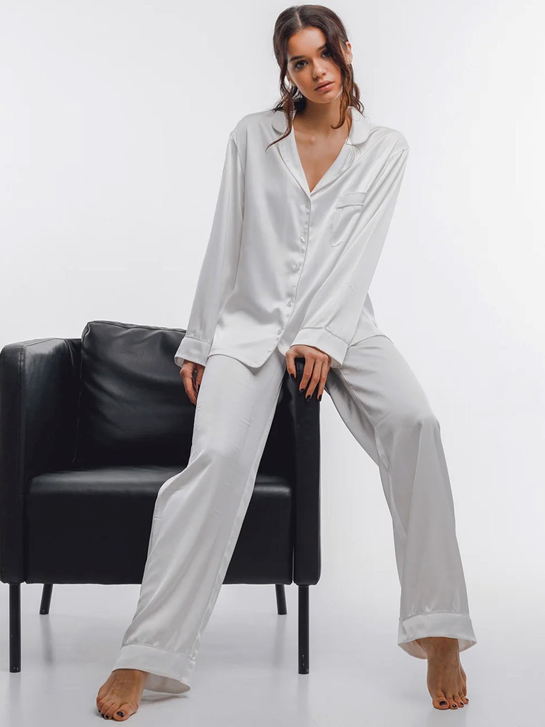 

Bella Babe by SK Satin Shirt Collar Long Sleeves Night suit, White