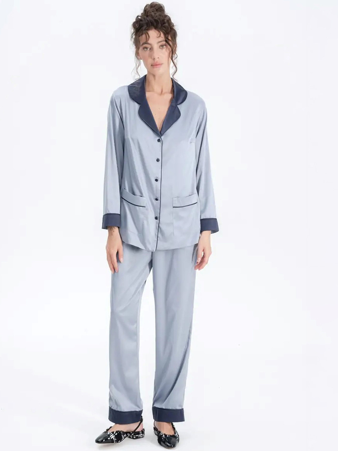 

Bella Babe by SK Lapel Collar Long Sleeves Satin Shirt With Pyjamas, Blue
