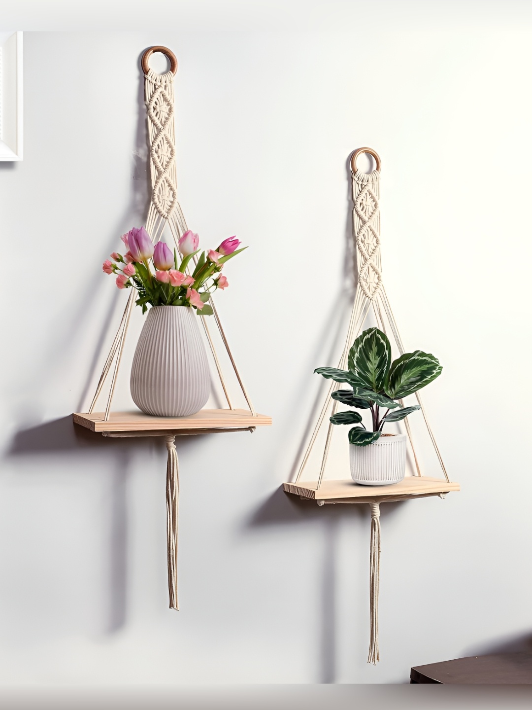 

Homspurts Beige & White 2 Pieces Pure Cotton Macrame Wall Hanging Shelf