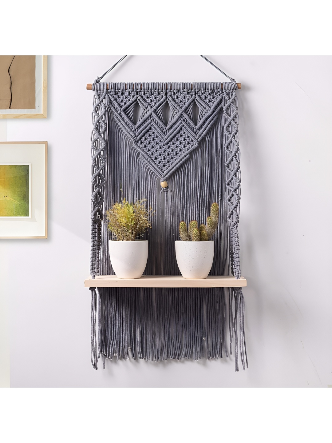 

Homspurts Grey Textured Pure Cotton Macrame Wall Hanging Shelf, Grey melange
