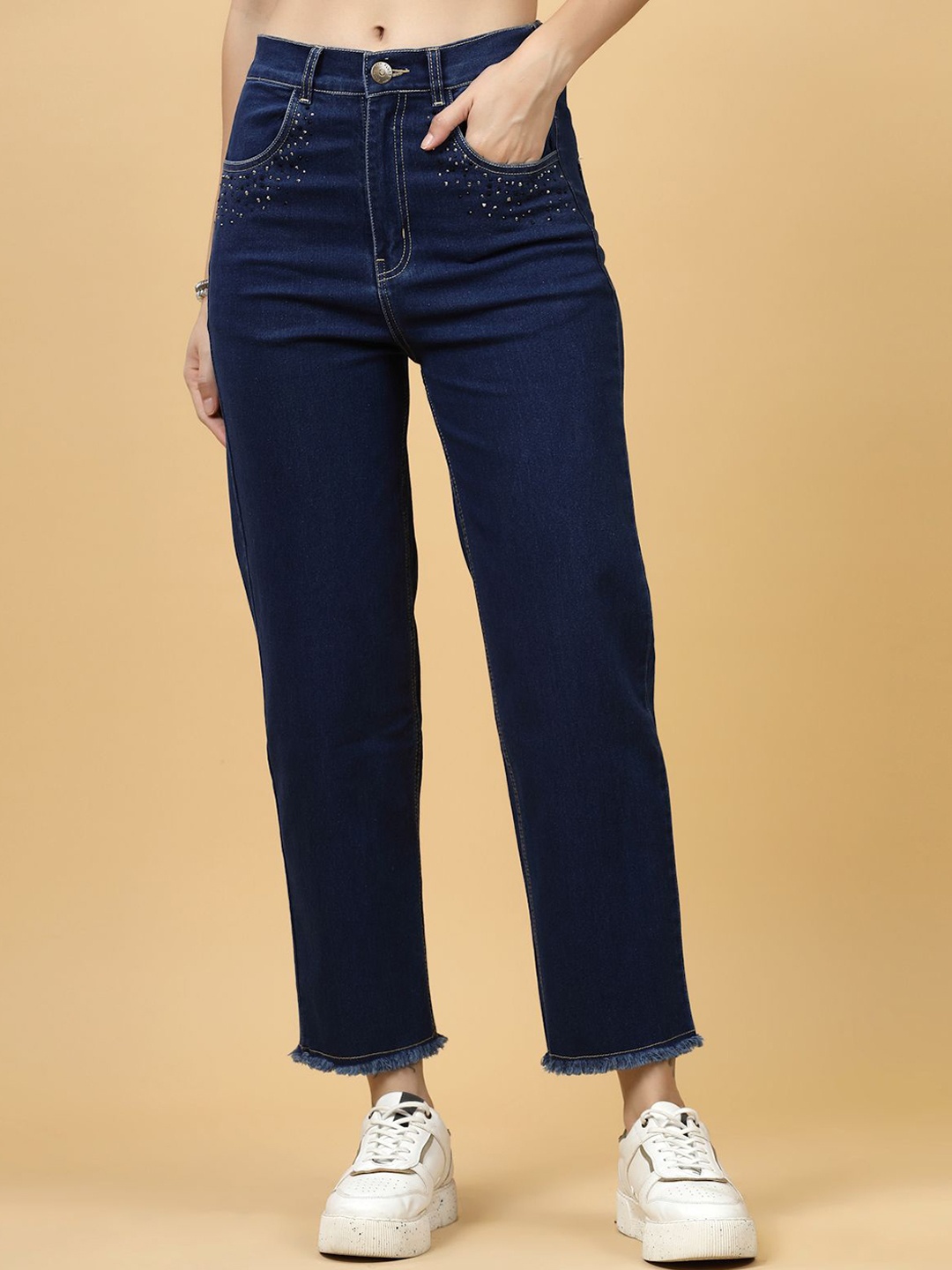 

plusS Women Clean Look Stretchable Frayed Denim Mid-Rise Cropped Jeans, Blue