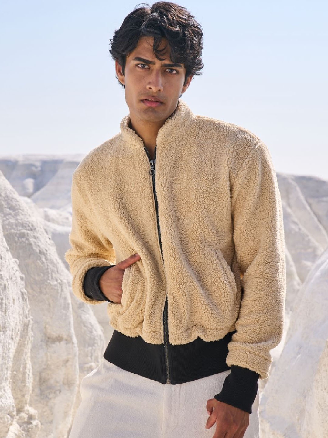 

Dash and Dot Mandarin Collar Sherpa Bomber Jacket, Beige