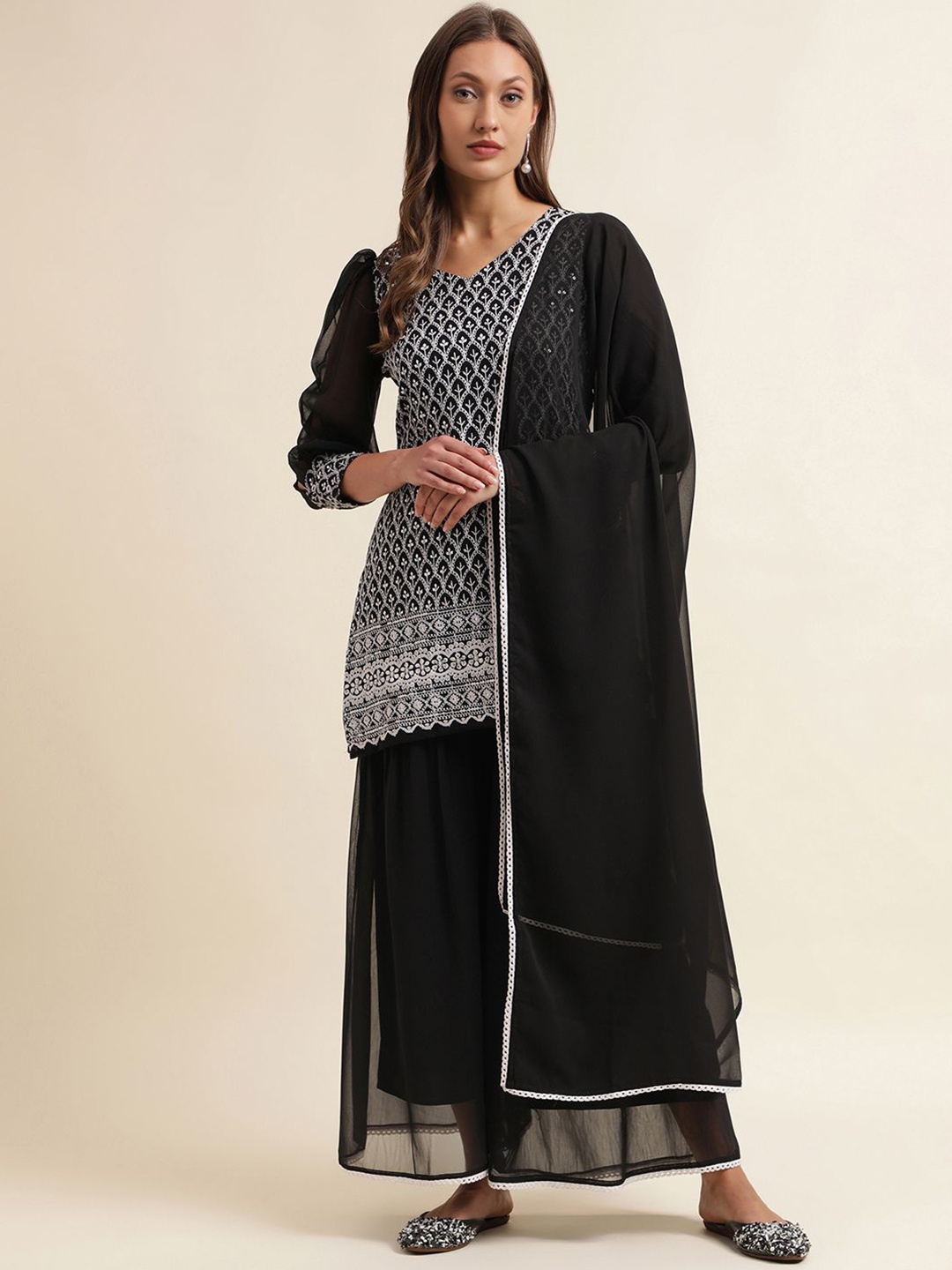 

SKYLEE Black Floral Embroidered Regular Thread Work Kurta with Sharara & Dupatta