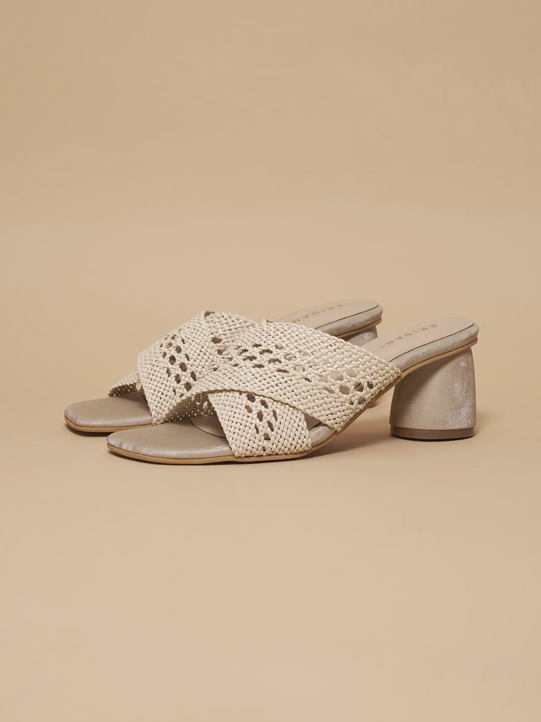 

ERIDANI Textured Open Toe Block Heels, Beige