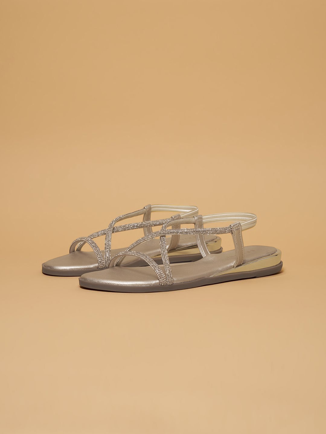 

ERIDANI Woven Design Open Toe Flats, Gold