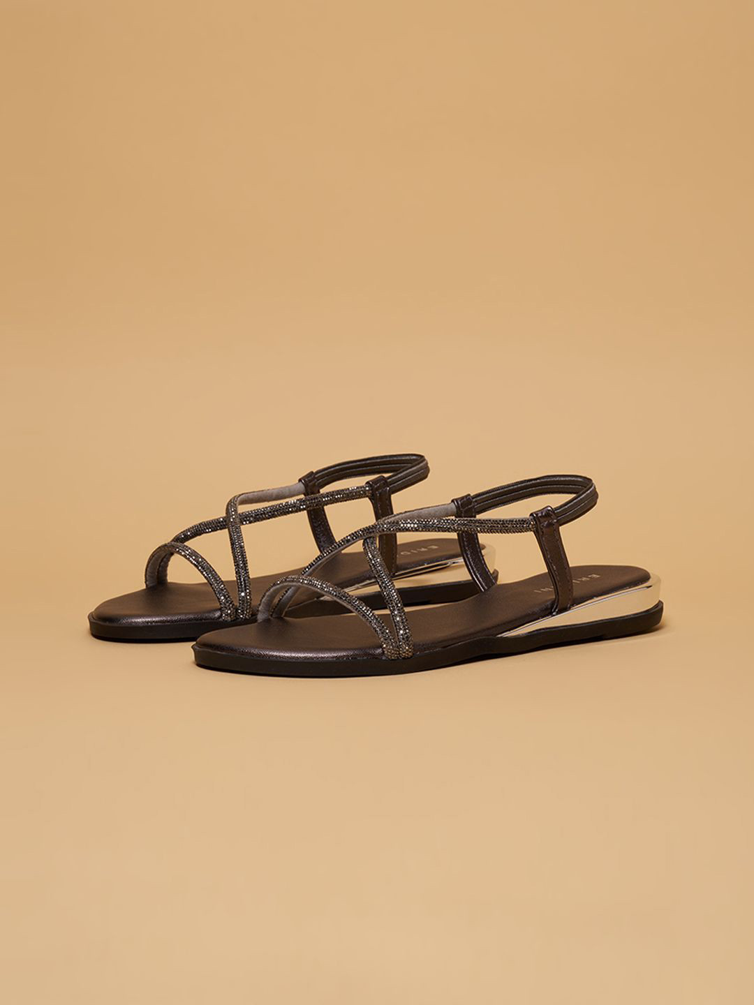 

ERIDANI Embellished Open Toe Flats With Buckles, Grey