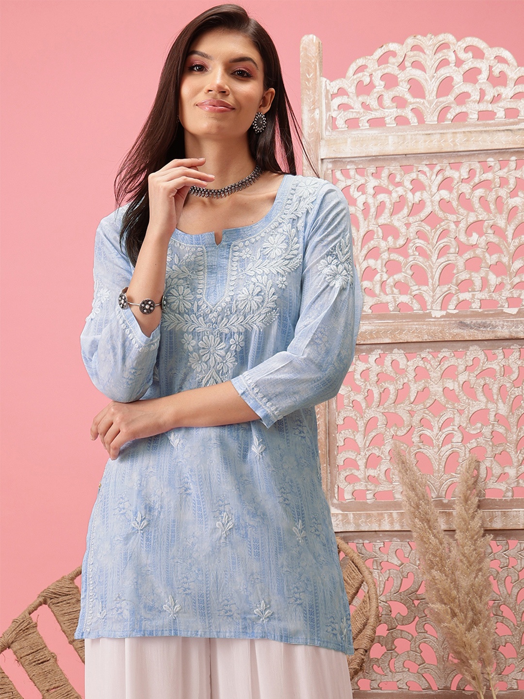 

ADA Ethnic Motifs Embroidered Thread Work Pure Cotton Round Neck Kurti, Blue