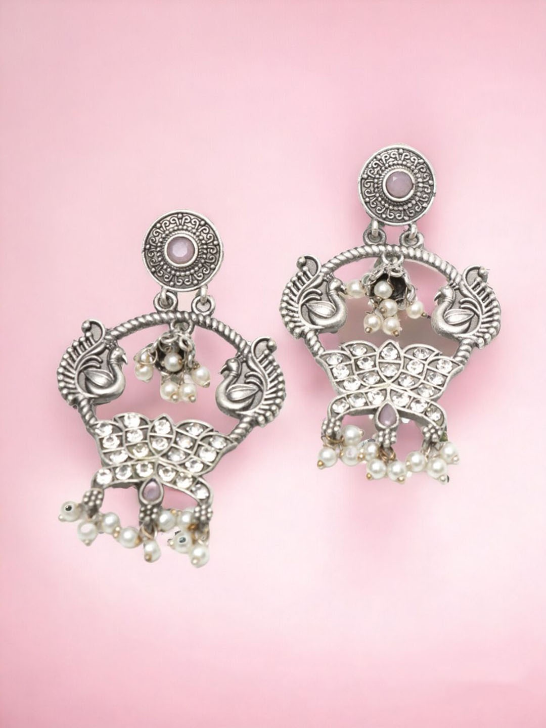 

Ozanoo Crystals Silver-Plated Oxidised Floral Shaped Drop Earrings, Pink