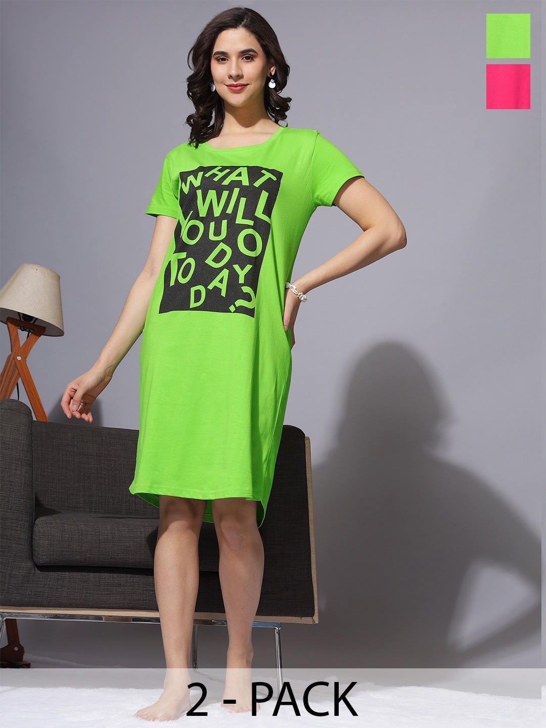 

9shines Label Pack Of 2 Plus Size Printed T-Shirt Night Dress, Green