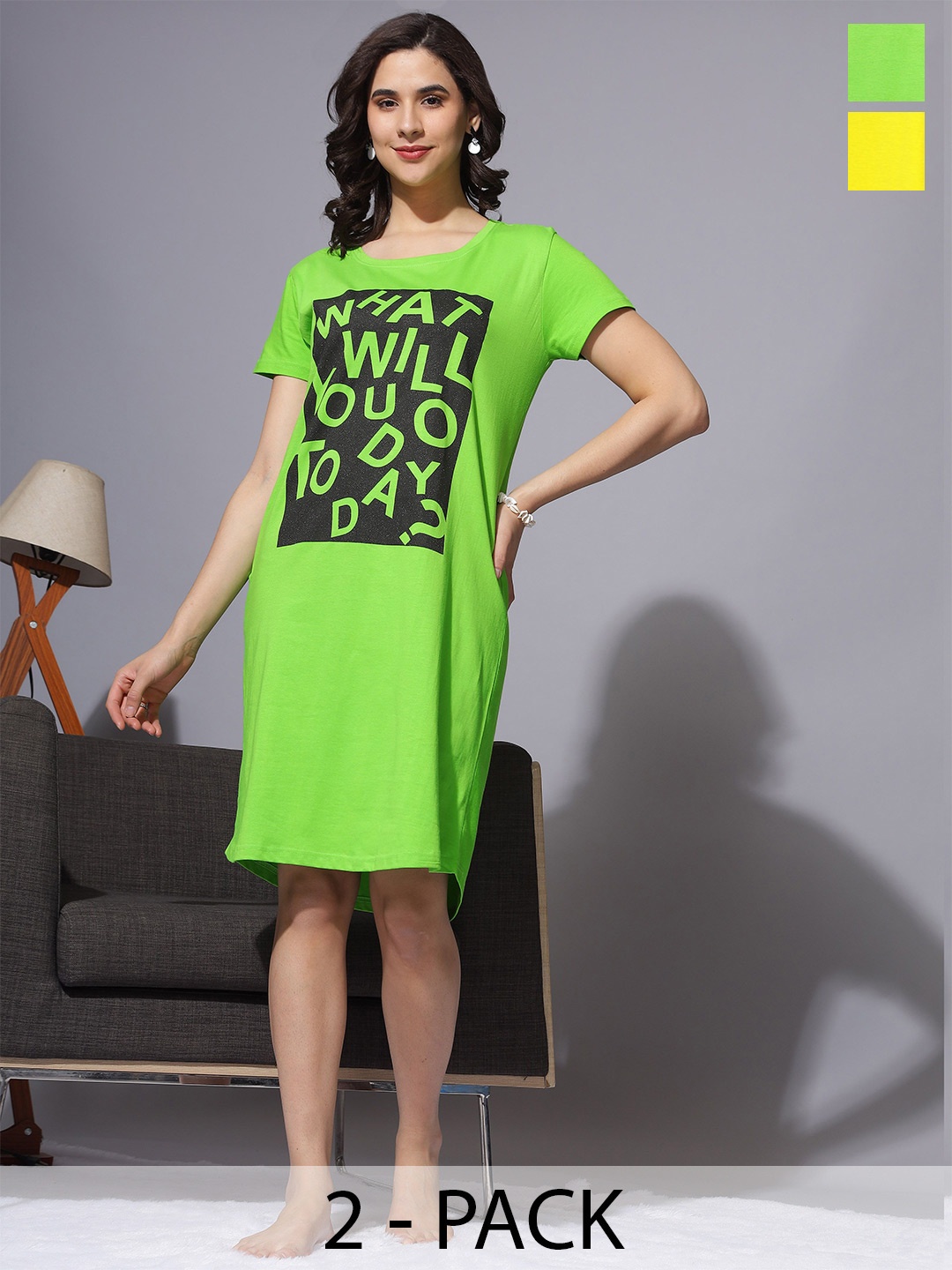 

9shines Label Pack Of 2 Printed Pure Cotton T-shirt Nightdresses, Green