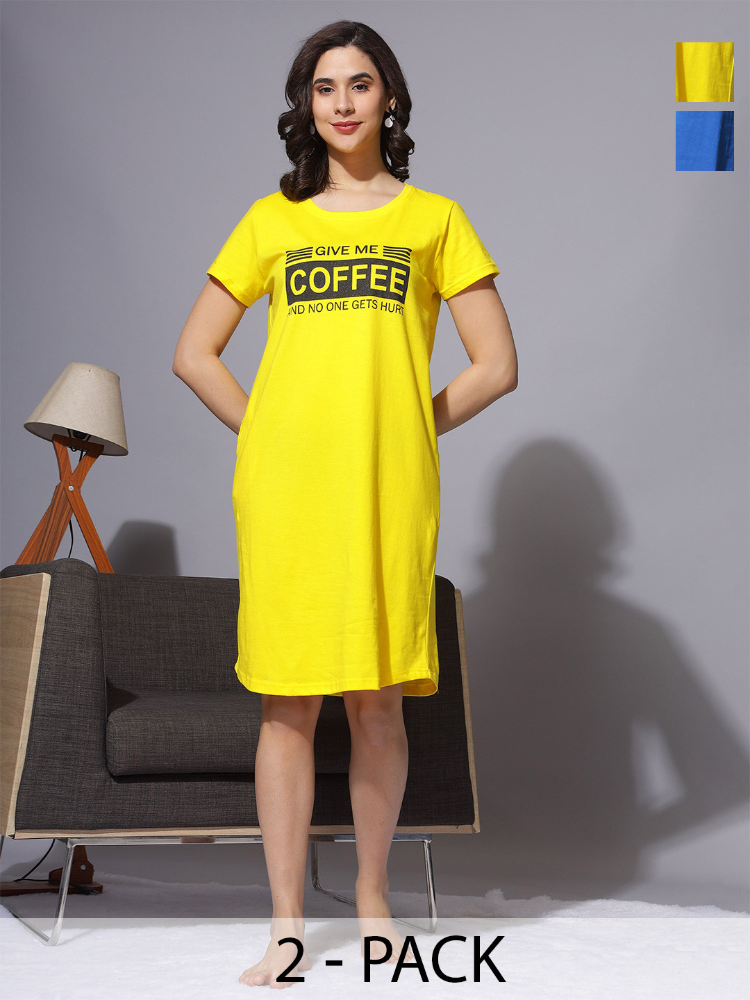 

9shines Label Pack Of 2 Plus Size Printed T-Shirt Night Dress, Yellow