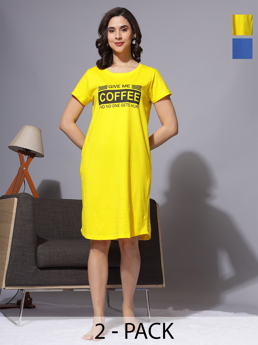 

9shines Label Pack of 2 Plus Size Printed T-Shirt Night Dress, Yellow