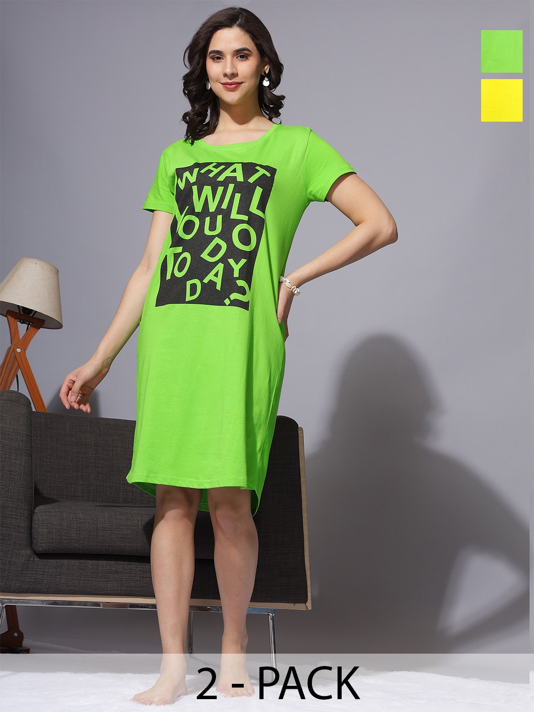 

9shines Label Pack Of 2 Plus Size Printed T-Shirt Night Dress, Green