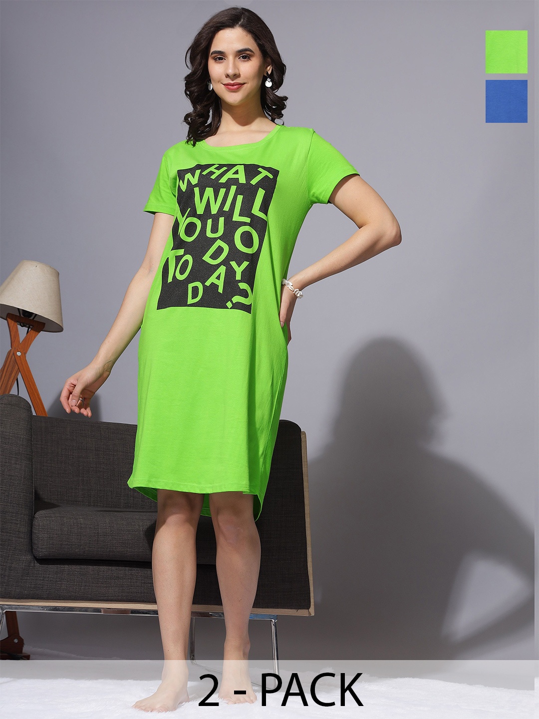

9shines Label Pack of 2 Plus Size Plus Size Printed T-Shirt Night Dress, Green